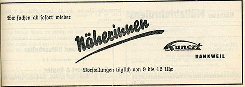 kunert Stellen-Inserat 1954 Näherinnen